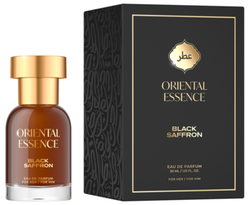 Oriental Essence Black Saffron w bursztynowej butelce ze złotą nakrętką i czarnym pudełkiem ze złotymi detalami, widok z przodu.