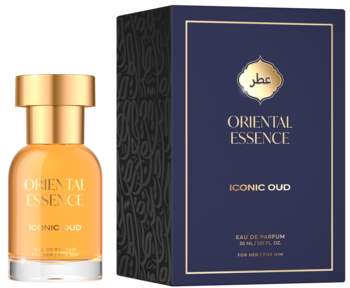Oriental Essence Iconic Oud EDP: złota butelka z bursztynowym płynem i ciemnoniebieskie opakowanie, widok z przodu.