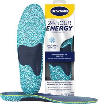 Niebieskie wkładki Dr. Scholl's 24-Hour Energy Boosting Beads dla komfortu stóp, z pudełkiem, widok przód.