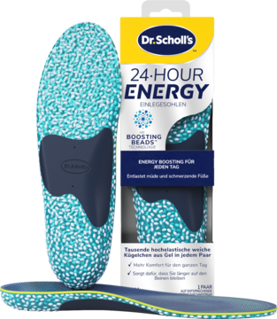 Wkładki Dr. Scholl’s 24·Hour Energy, turkusowe z białymi kuleczkami, obok opakowania, dla całodziennego komfortu.