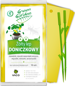 Lepy doniczkowe Vaco Green Garden, żółte pułapki na owady 14x7 cm z patyczkami, widok opakowania i produktu.