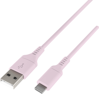 Różowy kabel USB-A do USB-C Utility Project 2m, widok pod kątem, z metalowymi wtyczkami, do ładowania i synchronizacji.