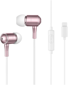 Słuchawki douszne przewodowe Utility Project, różowe złoto z białymi elementami i wtykiem USB-C.