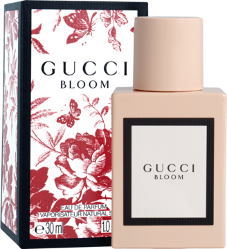 Gucci Bloom woda perfumowana 30ml, jasnoróżowa matowa butelka i białe pudełko z czerwonym kwiatowym wzorem na ciemnym tle.
