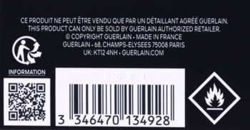Tył czarnego opakowania Guerlain L'Homme Ideal L'Intense EDP z białym tekstem, kodem QR i kodem kreskowym 3346470134928.