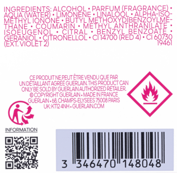Tył opakowania wody toaletowej Guerlain Aqua Allegoria Florabloom, widoczny kod kreskowy i lista składników.