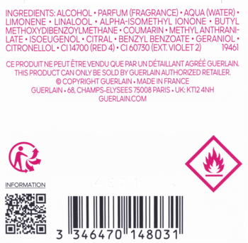 Tył białej etykiety wody toaletowej Guerlain Aqua Allegoria Florabloom, widoczna lista składników, kod kreskowy.