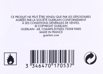 Tył opakowania wody kolońskiej Guerlain Cologne Du Parfumeur z tekstem, kodem kreskowym i symbolami: palności, recyklingu.