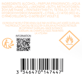 Guerlain Aqua Allegoria Forte Bosca Vanilla, tylna etykieta ze składem, kodem kreskowym, pomarańczowy tekst.