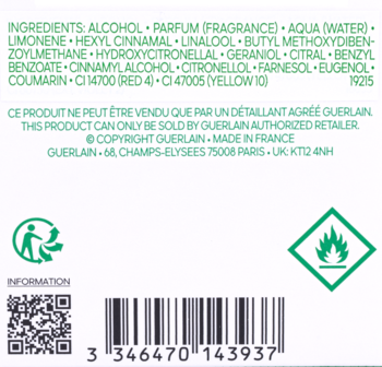 Tył Guerlain Aqua Allegoria Herba Fresca wody toaletowej. Biała etykieta ze składnikami, kodem QR i kreskowym.