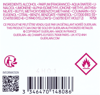 Tył opakowania Guerlain Aqua Allegoria Florabloom Forte EDP: skład, barcode, ikony recyklingu i łatwopalności.