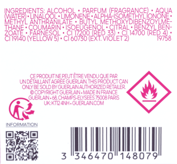 Tył Guerlain Aqua Allegoria Florabloom Forte z różową listą składników, kodem kreskowym i ikonami.