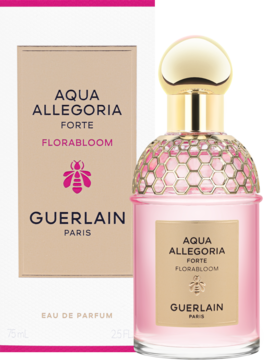 Guerlain Aqua Allegoria Forte Florabloom EDP w różowej butelce ze złotym korkiem i beżowym pudełkiem, widok z przodu.