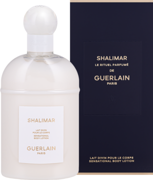 Balsam Guerlain Shalimar w białej butelce z jasnym korkiem i ciemnoniebieskie pudełko ze złotymi napisami, ujęcie z przodu.