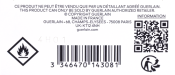 Widok tylnej etykiety produktu Guerlain z kodem EAN 3346470143081, ikoną łatwopalności i QR kodem.