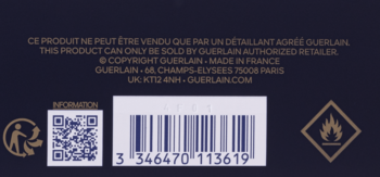 Tył ciemnoniebieskiego opakowania Guerlain Shalimar EDT, z kodem kreskowym, kodem QR, ostrzeżeniami i adresem.