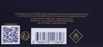 Guerlain Shalimar EDT, widok tyłu opakowania z kodem kreskowym, QR, adresem i symbolem ognia.