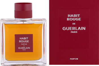 Guerlain Habit Rouge Parfum dla mężczyzn: butelka z bursztynowym płynem i czerwona etykieta, obok czerwone pudełko.