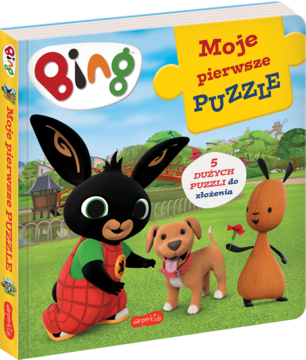 Książka Bing Moje pierwsze PUZZLE, z królikami i psem w parku na okładce. Kolorowa, interaktywna książka-układanka.