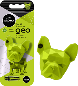 Neonowy, zielony odświeżacz powietrza geo French bulldog Matisse Morning w opakowaniu i luzem. Do auta.