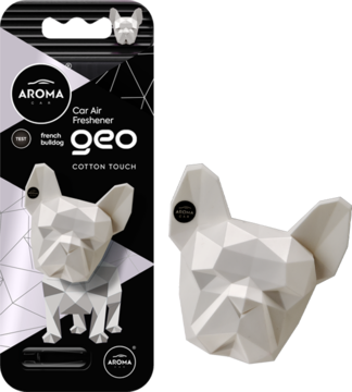Odświeżacz Aroma geo French Bulldog, biała geometryczna głowa buldoga, w opakowaniu i luzem, zapach bawełny.