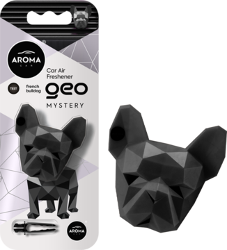Odświeżacz powietrza Aroma Geo Mystery: czarna geometryczna głowa buldoga francuskiego, widok w blistrze i luzem.