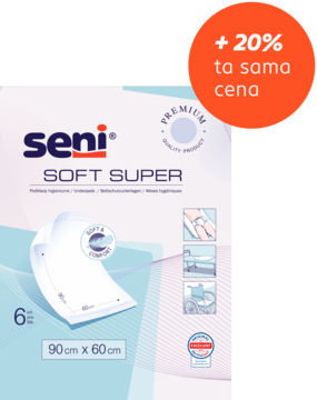 Opakowanie Seni Soft Super podkładów higienicznych 90x60 cm, biało-niebieskie, widok z przodu, z promocją +20%.