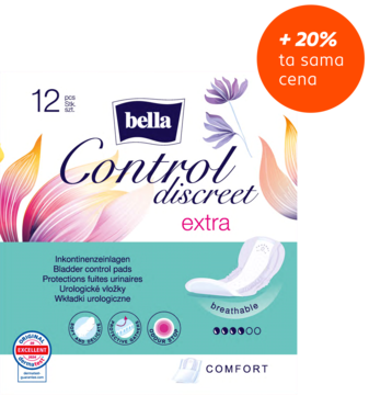 Pudełko Bella Control Discreet Extra, wkładki urologiczne 12 sztuk. Białe z kwiatami, 5 kropli chłonności, widok z przodu.