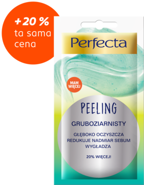 Perfecta Peeling Gruboziarnisty w zielono-złotej saszetce. Promocja +20% więcej produktu w tej samej cenie.