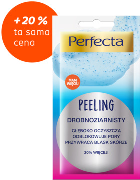 Peeling drobnoziarnisty do twarzy Perfecta, niebiesko-różowa saszetka, +20% więcej w tej samej cenie, widok z przodu.