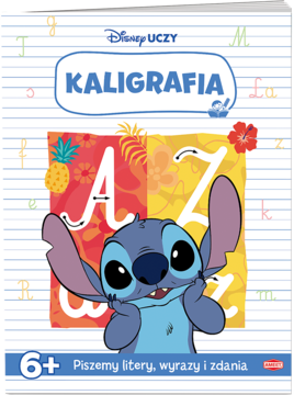 Zeszyt do kaligrafii Disney Uczy dla dzieci 6+, z uśmiechniętym Stitchem na okładce, widok z przodu.