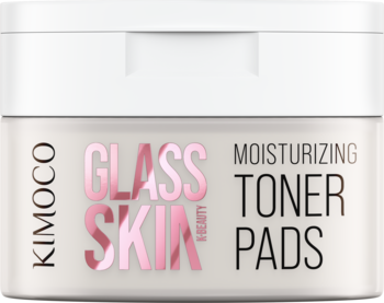 Kimoco Glass Skin Nawilżające Toner Pads, białe opakowanie z różowym napisem GLASS SKIN, widok z przodu.