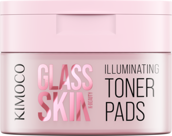 Opakowanie Kimoco Glass Skin Illuminating Toner Pads. Różowy pojemnik z płatkami rozświetlającymi, widok z góry.