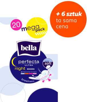 Niebieskie opakowanie Bella Perfecta Ultra Night Mega Pack, 20 ultrachłonnych podpasek na noc, z 6 sztukami gratis.