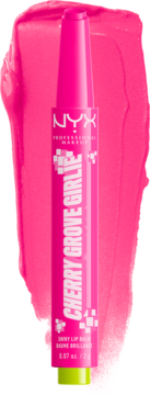 NYX Minecraft Fat Oil Stick Click Cherry Grove Girlie, błyszczący balsam z pixel artem, na różowej smudze.