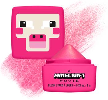 Jasnoróżowy kremowy róż NYX Minecraft Movie Cheeky Mob Balm, otwarty, z wieczkiem-mobem na różowym, iskrzącym tle.