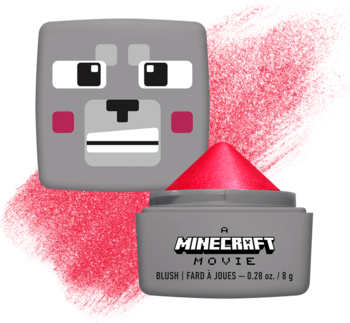 Róż w sztyfcie NYX Minecraft Movie Cheeky Mob Balm. Szara kostka z głową wilka i wysuniętym sztyftem różu.