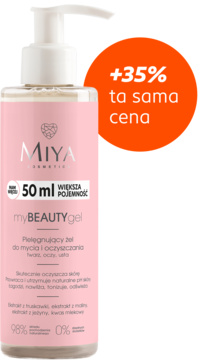 Miya myBEAUTYgel, naturalny żel do mycia w różowej butelce z pompką. Widoczne +35% więcej produktu za tę samą cenę.