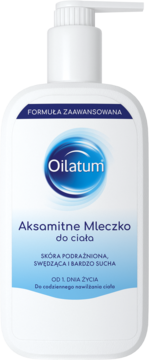 Biała butelka Oilatum Aksamitne Mleczko do ciała z pompką, widok z przodu, dla skóry suchej od 1. dnia życia.
