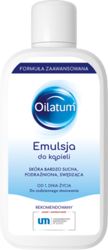 Oilatum Emulsja do kąpieli w białej butelce z niebieską etykietą, na wprost. Do skóry suchej, od 1. dnia życia.