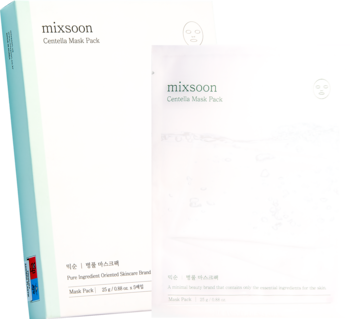 Białe opakowanie Mixsoon Centella Mask Pack (5 szt.) obok pojedynczej maseczki w płachcie, z zielonym napisem.