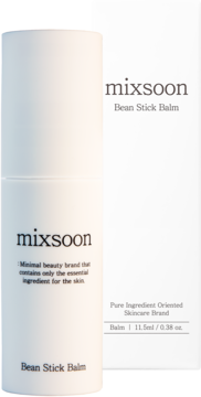Mixsoon Bean Stick Balm, biały sztyft obok opakowania, widok z przodu, z logo i pojemnością 11.5ml.