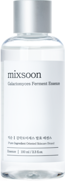 Mixsoon Galactomyces Ferment Essence w przezroczystej butelce z srebrną nakrętką, widok z przodu.
