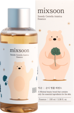Mixsoon Soondy Centella Asiatica Essence, kojąca esencja 100ml z wąkroty w butelce i jej białe pudełko z misiem.