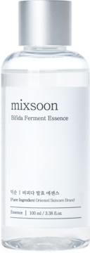 Mixsoon Bifida Ferment Essence, 100ml, przezroczysta butelka z srebrną zakrętką, biała etykieta, widok z przodu.