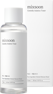 Mixsoon Centella Asiatica Toner, przezroczysta butelka i białe pudełko, widok z przodu, tonik nawilżający.