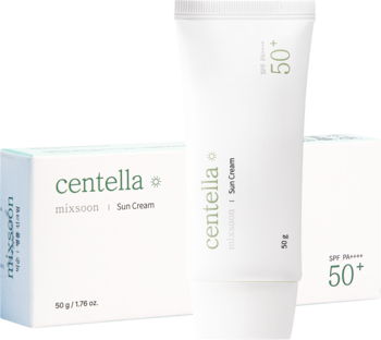 Biała tubka i pudełko Mixsoon Centella Sun Cream SPF 50+, widok z przodu pod lekkim kątem.