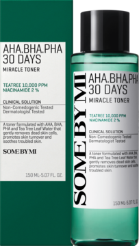 SOMEBYMI AHA.BHA.PHA 30 DAYS Miracle Toner z kwasami i tea tree, butelka i pudełko, widok z przodu.