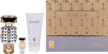 Zestaw Paco Rabanne Fame: złoty flakon robota, biały balsam, miniatura i ozdobne opakowanie z logo FAME.