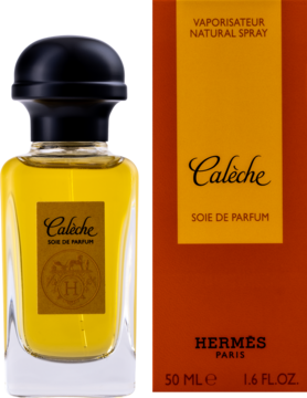 Hermès Calèche Soie De Parfum 50ml, damska woda perfumowana w złotej butelce i pomarańczowym pudełku.